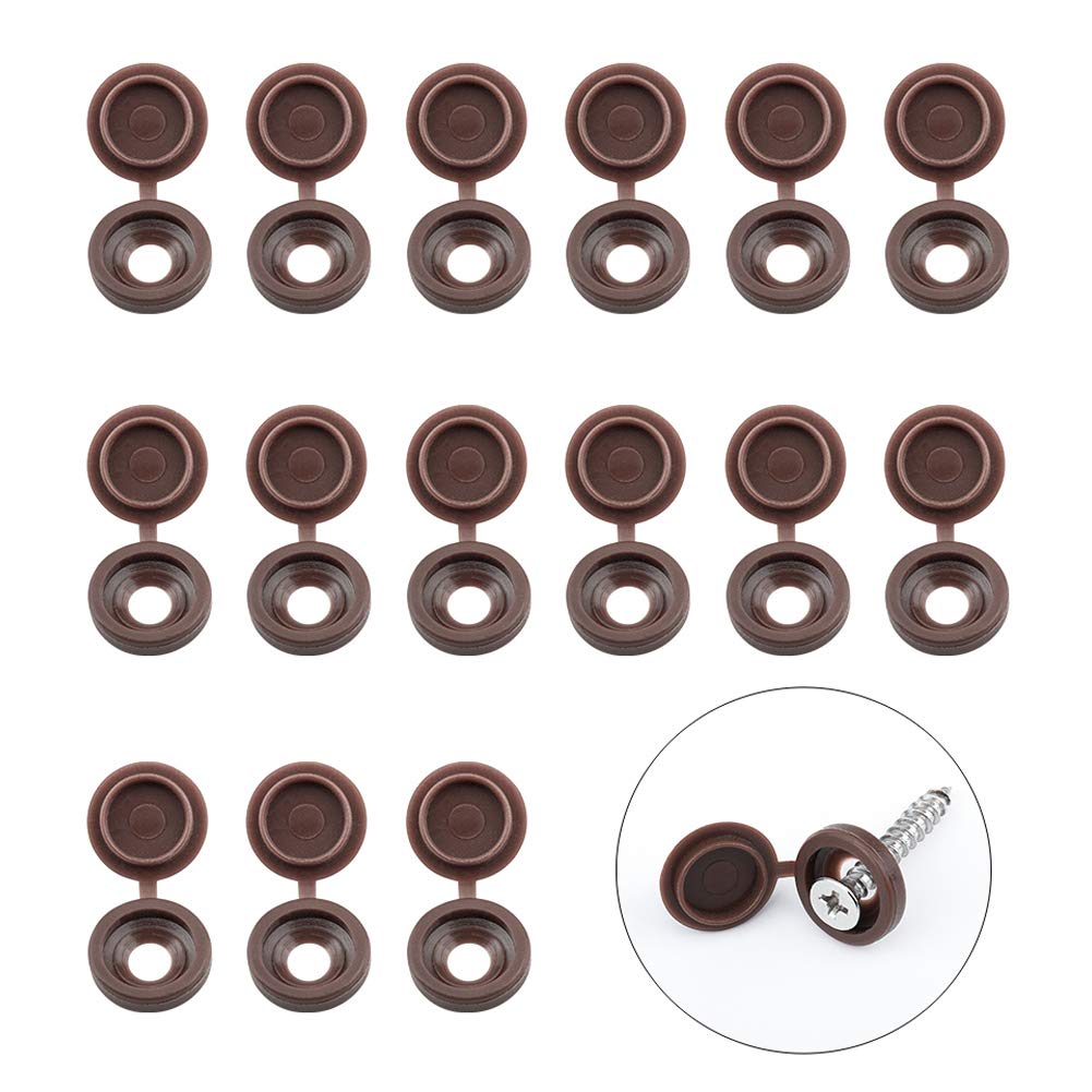 INCREWAY Screw Covers, 100pcs Brown Plastic Screw Cap Hinged Fold Over Caps Rubber Dust Washer Flip Tops with Storage Box