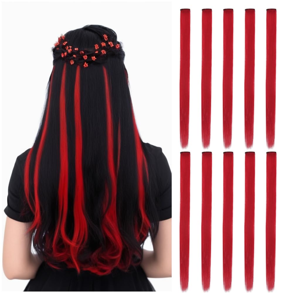 10 Pcs Colored Hair Extensions Clip for Women 22 Inch Colorful in Hair Extensions Straight Synthetic Hairpieces for Fashion Party Hair Accessories（Straight,Red）