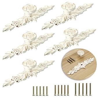 Amazon Sumnacon つまみ 取っ手 ハンドル アンティーク アイアン ノブ 取手 手すり ローズ形 オシャレ クローゼット タンス キャビネット 食器棚 引き出し 装飾 飾り金具 ネジ付き ホワイト ゴールド縁 5個セット ツマミ