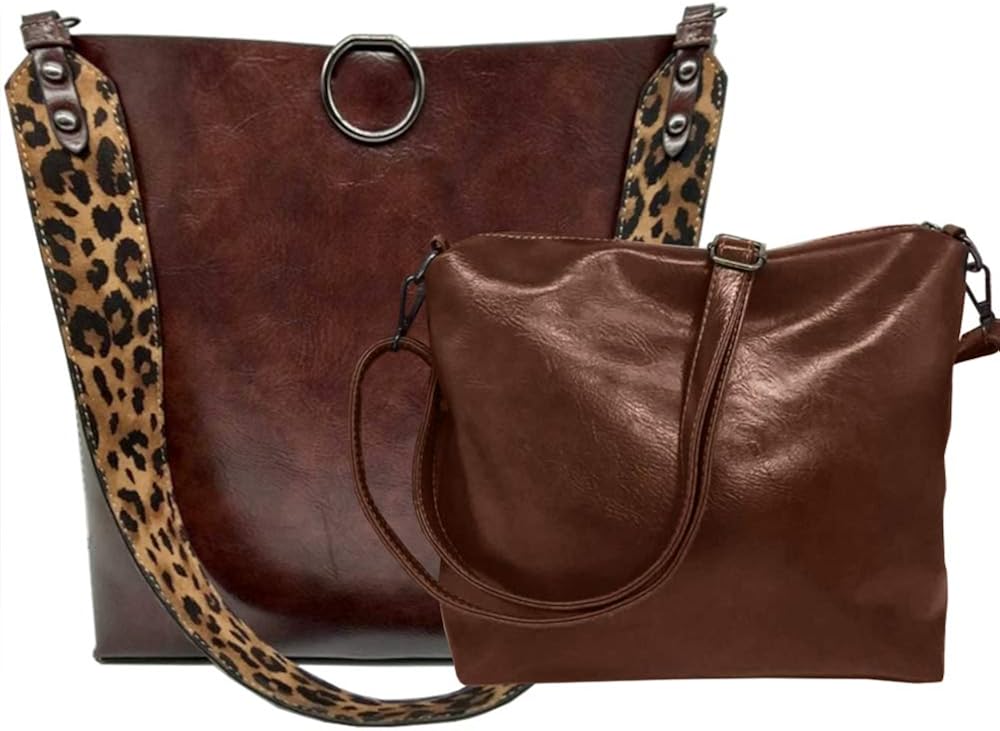 Segater® Women Leopard Print Bag Reversible Leather Tote Bag Oversized Top Handle Large Shoulder Handbag Purse 2 Pcs Coffee