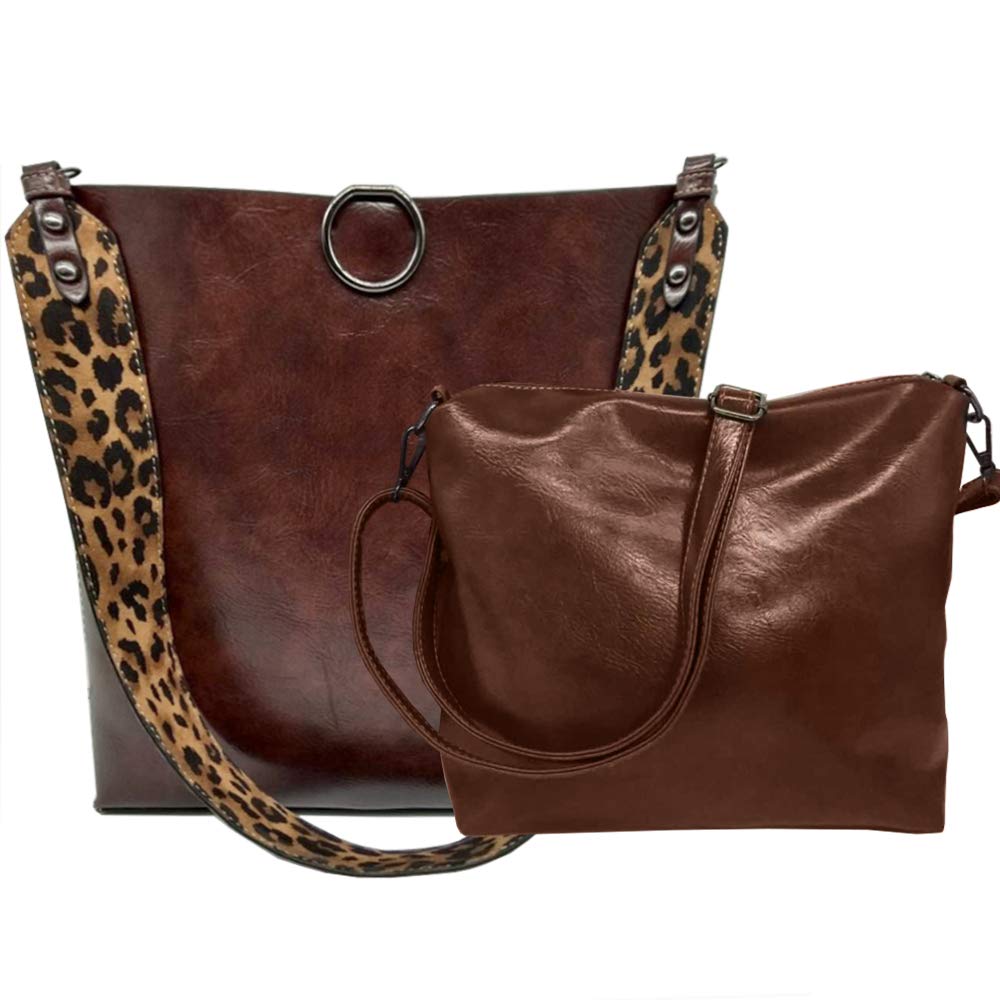 FiveloveTwo Women 2Pcs Leopard Print Shoulder Bag Set PU Leather Satchel Totes Handbag Purse Coffee