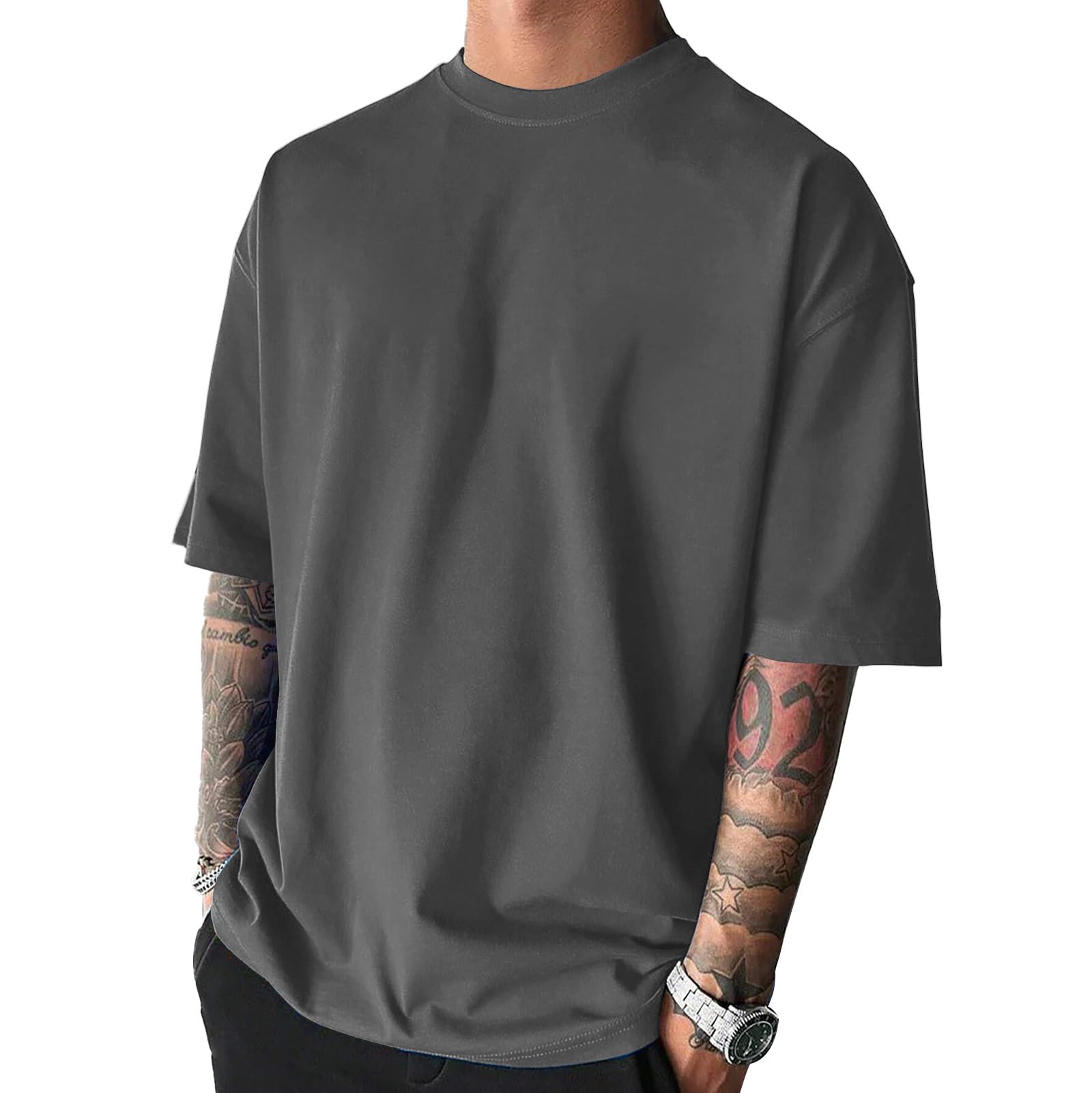 Photo 1 of Men's Fashion Oversized Tshirts Workout Short Sleeve T-Shirt Dry Fit Lightweight Crewneck Tee Tops Dark Grey