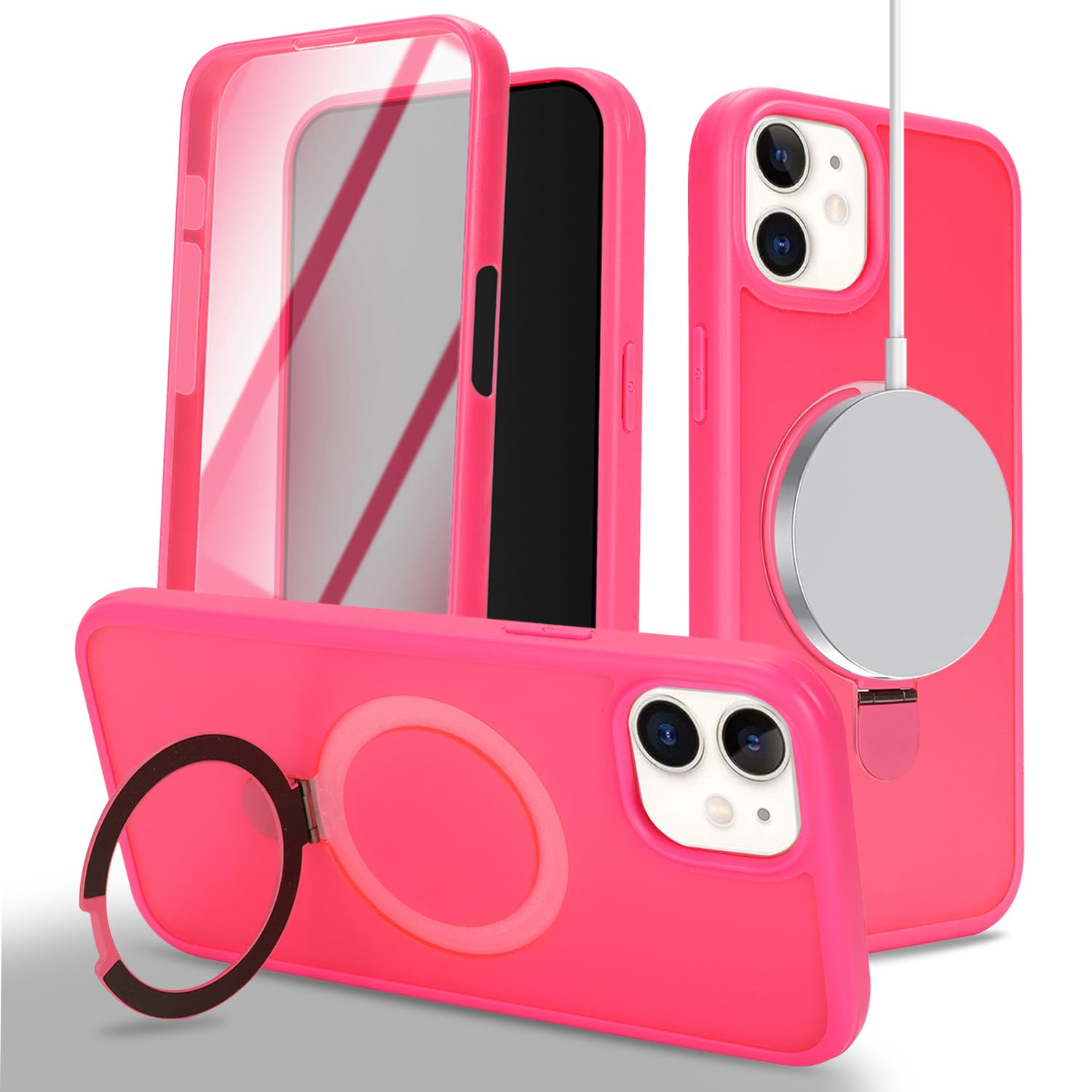 Cavor for iPhone 12 & 12 Pro Case,Compatible with Magsafe,for iPhone 12 Case with Screen Protector with Stand,Stand Protective Magnetic Phone Cover-Rose Red