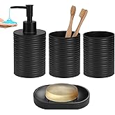 UHEY HOME Plastic Bathroom Accessories Set 4Pcs, Black Bathroom Accessory Set Includes Liquid Soap Dispenser with Rust-Proof Plastic Pump, 2Pcs Bathroom Cup, Soap Dish for Modern Home Apartment