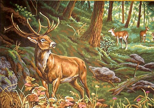 BUCK & DOE IN THE FOREST LARGE NEEDLEPOINT CANVAS, 28" X 16" CANVAS ONLY, NOT A KIT