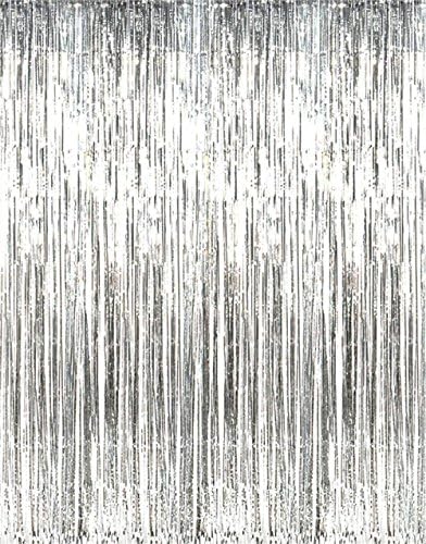 Metallic Silver Foil Fringe Shiny Curtains for Party, Prom, Birthday, Event Decorations 3 ft x 8 ft (2 - Pack, Silver)
