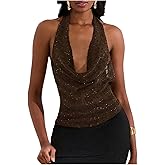 MakeMeChic Women's Sequin Cowl Neck Backless Halter Top