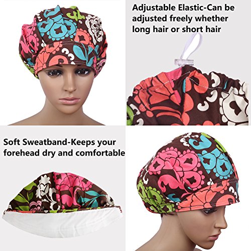JoyRing Adjustable Surgical Scrub Cap Medical Doctor Bouffant Hats with Sweatband and Free Cotton Mask (Set G)