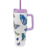 Vera Bradley 40 Ounce Tumbler with Handle and Straw, Double Wall Stainless Steel Insulated Tumbler, Cupholder Friendly 40 oz Cup, Metal Tumbler for Hot or Cold Drinks (Wing Study)