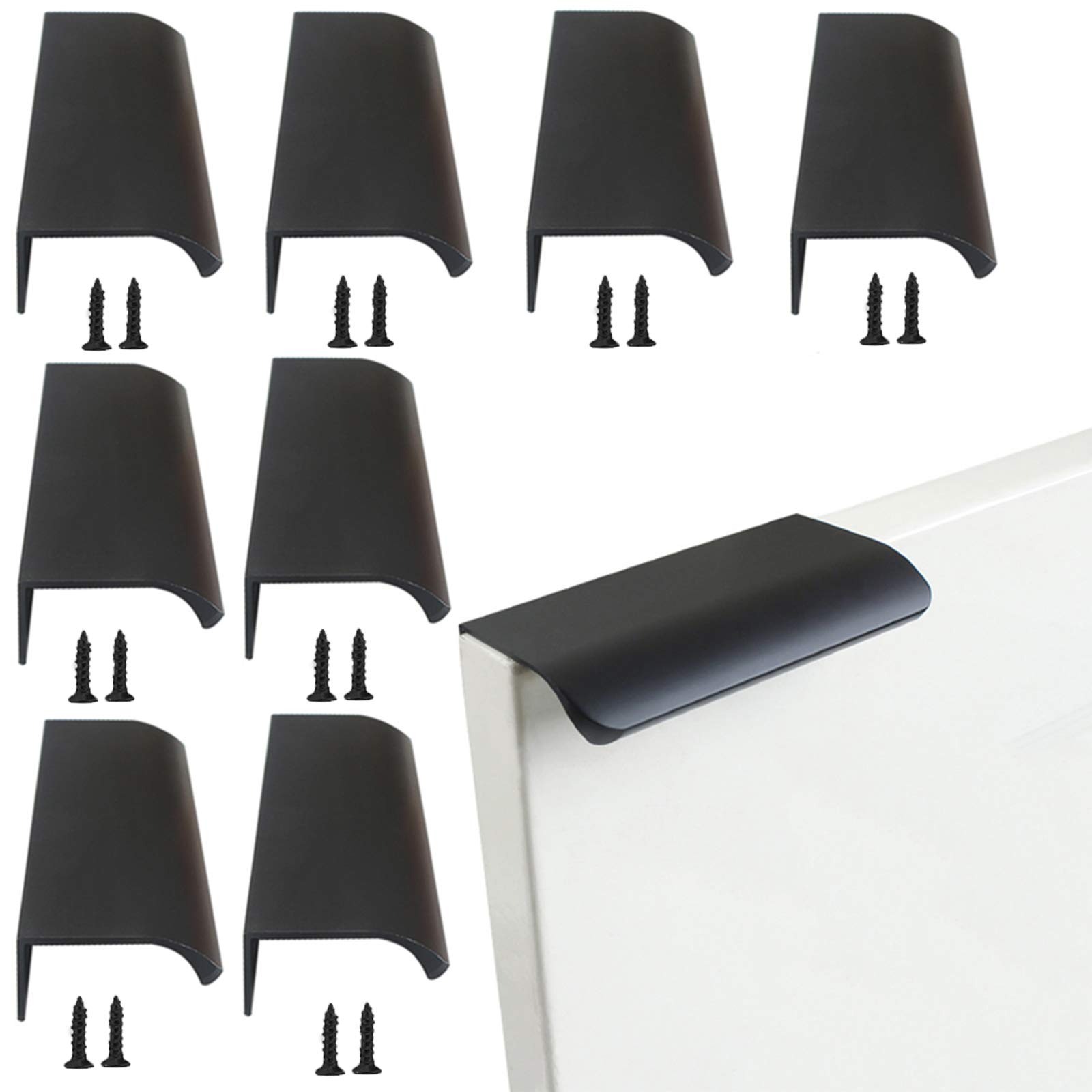 Kitchen Cabinet Handle Drawer Curved Door Handle Pull Knobs Black Invisible Concealed Hidden Pull Handle Aluminum Alloy Concealed Furniture Handles Wardrobe Handles for Kitchen Bedroom 8PCS (80mm)