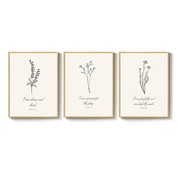 FRAMED CHRISTIAN WALL ART SET OF 3, MINIMALIST BOTANICAL SCRIPTURE PRINTS CHRISTIAN FLORAL ARTWORK I AM VERSES, RELIGIOUS INSPIRATIONAL DECOR FOR LIVING ROOM BEDROOM PRAYER ROOM, 12X16 INCH