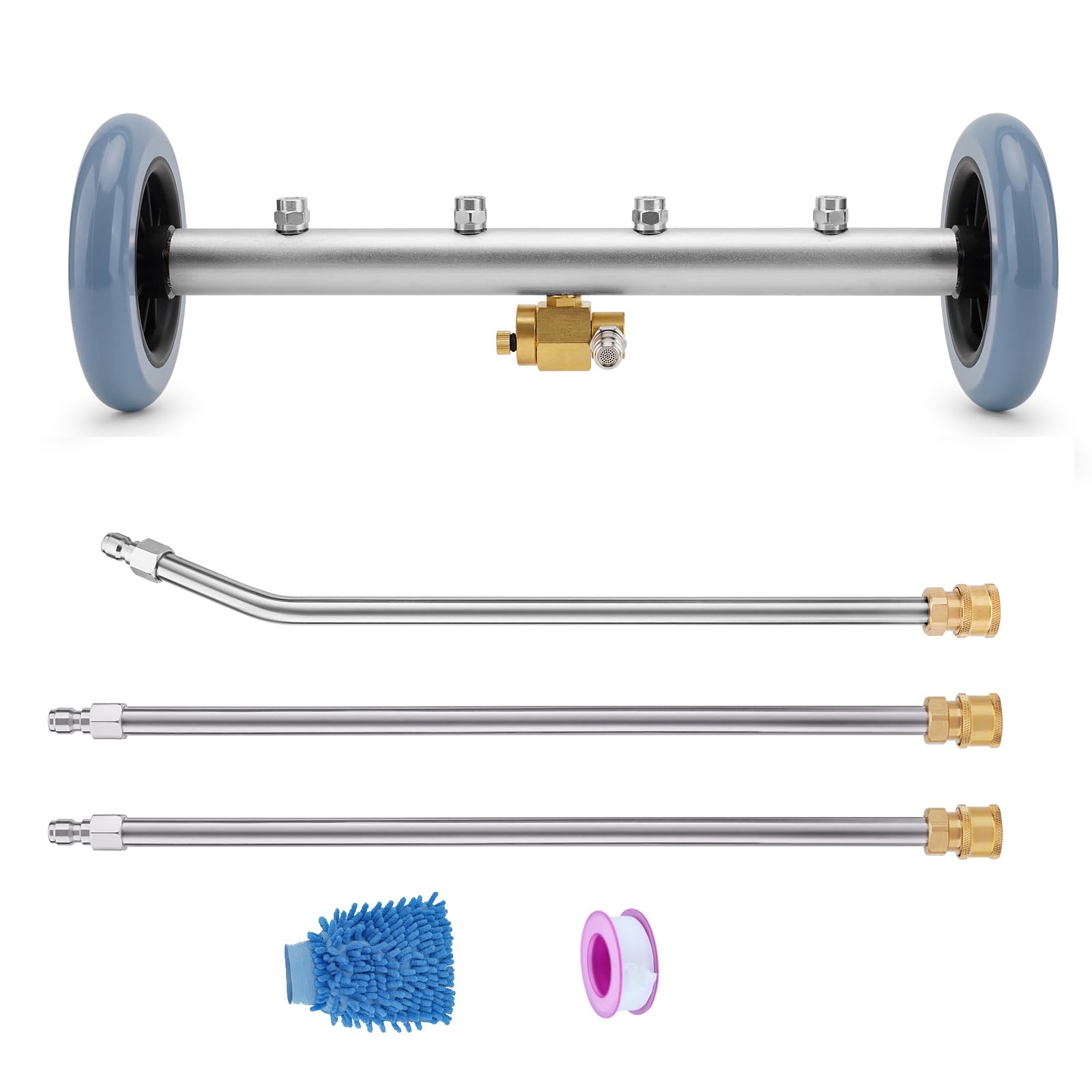 Water Broom for Pressure Washer, Dual-Function Undercarriage Cleaner, 16 Inch surface cleaner pressure washer, Underbody Car Wash Attachment 4 Nozzles With 3 Pieces Extension Wands,4000 PSI