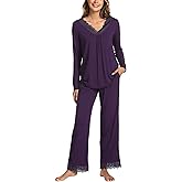 GYS Bamboo Viscose Women's Pajama Sets Long Sleeve Lace V-Neck Soft 2 Piece Sleep Set
