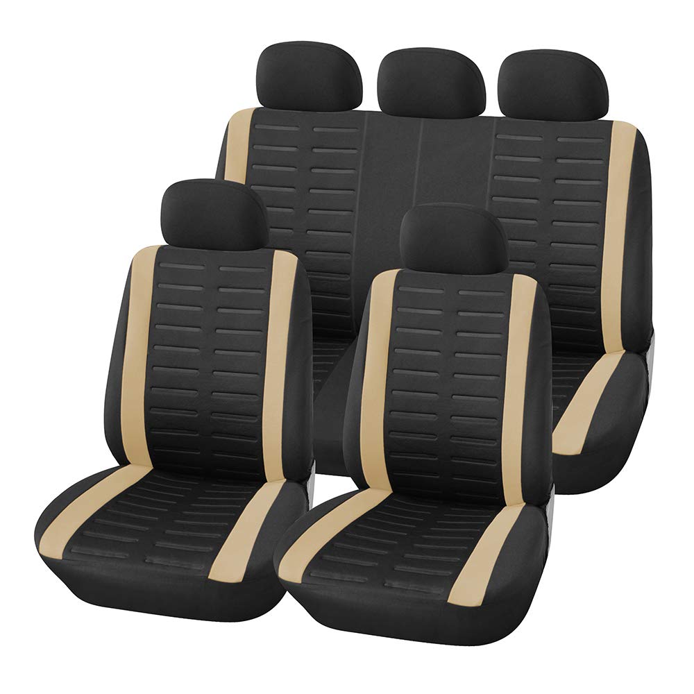 TOYOUN Full Set Car Seat Cover Universal Fit 9 PCS Front Seat Covers & Split Bench Cover Kit Airbag Compatible 3D Embossed Stripe Pattern Car Seat Protector for Auto, Beige and Black