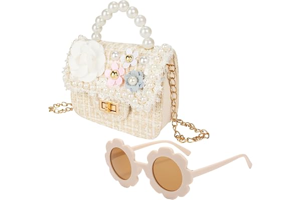 Forwe Little Girls Toddler Crossbody Purse with Pearl Flowers Mini Cute Princess Handbags Shoulder Chain Bag