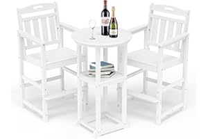 SUUNYN Outdoor Bar Set, Patio High Top Table and 2 Bar Height Adirondack Chairs, All-Weather HDPE Round Pub Furniture for Outside Balcony Bistro Backyard Pool Deck | 3-Pieces, White