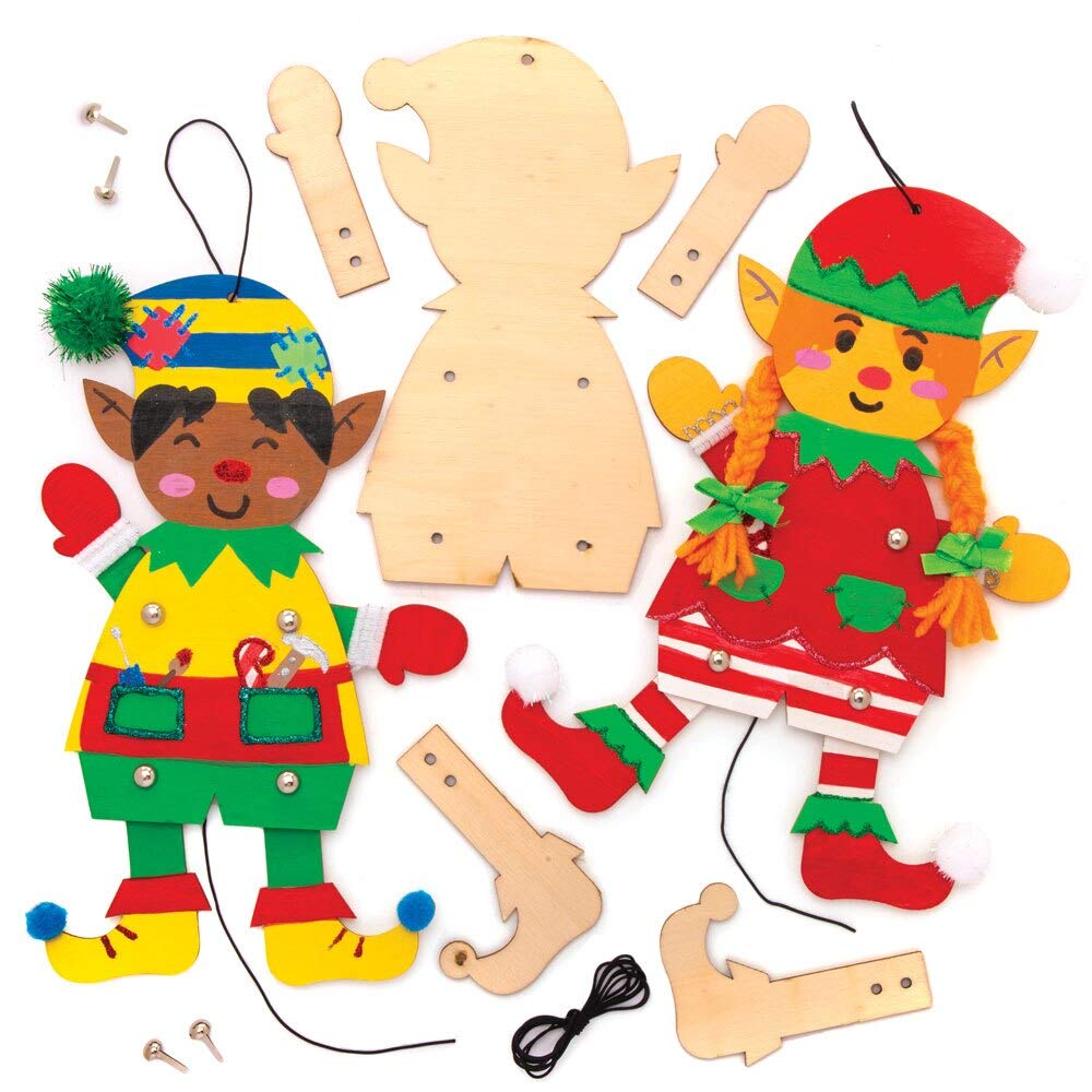 Baker Ross Christmas Elf Wooden Puppet Kits, Festive Arts and Crafts (Pack of 4)
