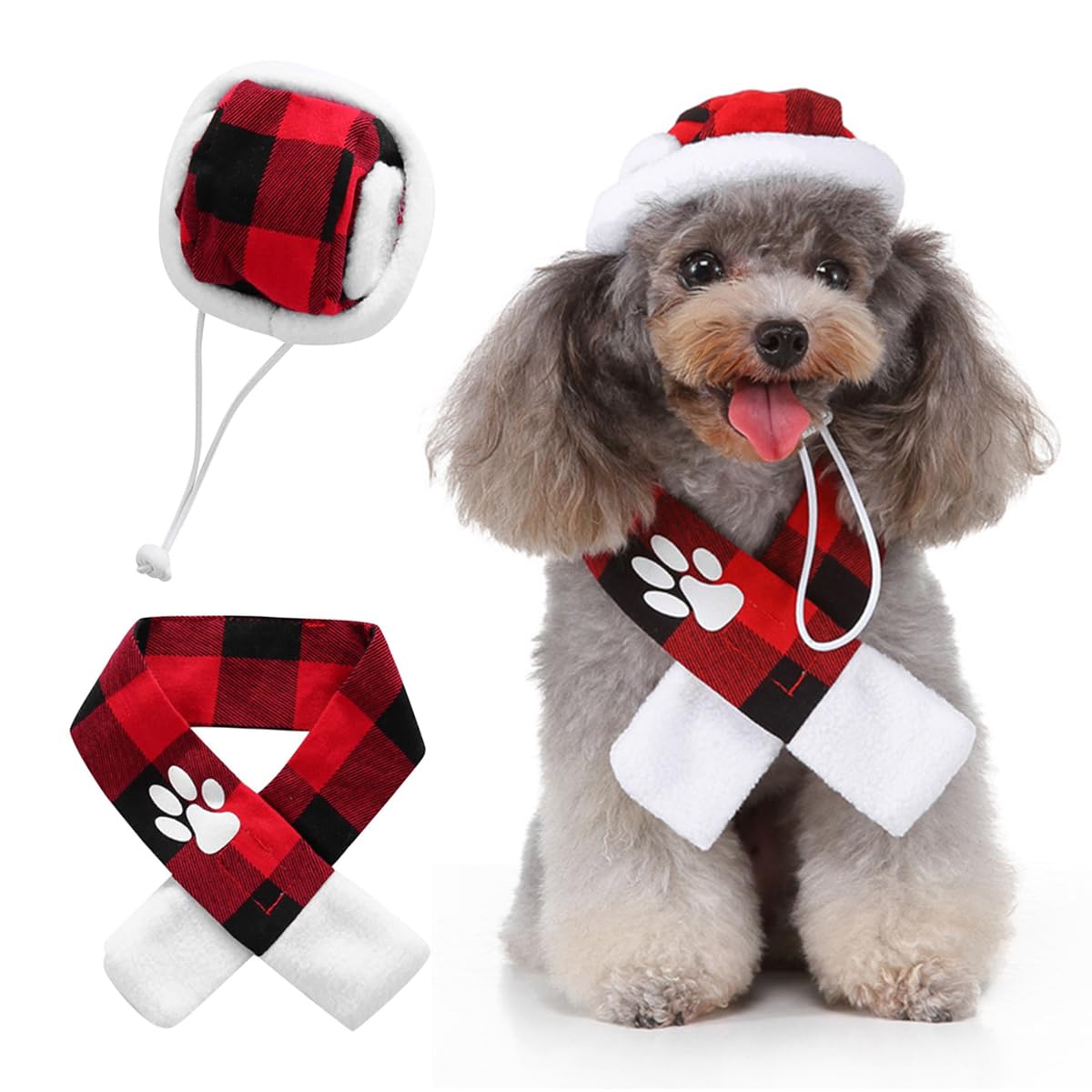 2 Pcs Christmas Pet Cat Dog Hat with Scarf Set - Pet Costumes Holiday Party Cute Costumes for Small Dogs Cats (Small, Red)