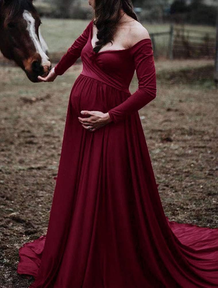 Saslax Maternity Off Shoulders Half Circle Gown for Baby Shower Photo Props Dress at  Women’s Clothing store