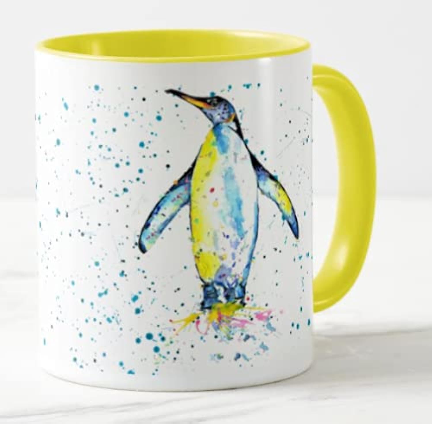 Vixar Penguin Bird Watercolour Rainbow Art Coloured Mug Cup, Gift, Birthday, Work, Office, Christmas Tea Coffee (Yellow)