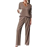 Ekouaer Pajama for Womens Set Ploar Fleece Long Sleeve Lounge Sets Fall Pjs V Neck Comfy Sleepwear with Pockets Brown XX-Large
