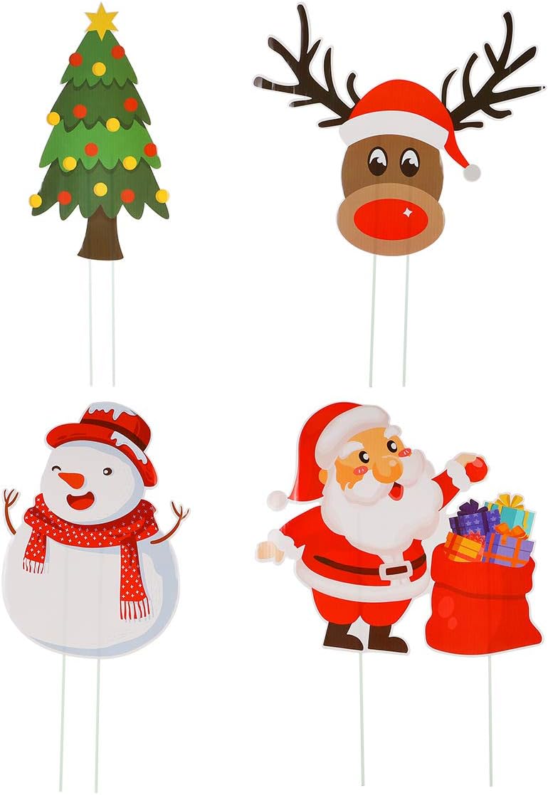 Amosfun Christmas Yard Sign Xmas Garden Stake Sign Santa Reindeer Snowman Christmas Tree Garden Lawn Stake Decoration for Holiday Festival 4pcs
