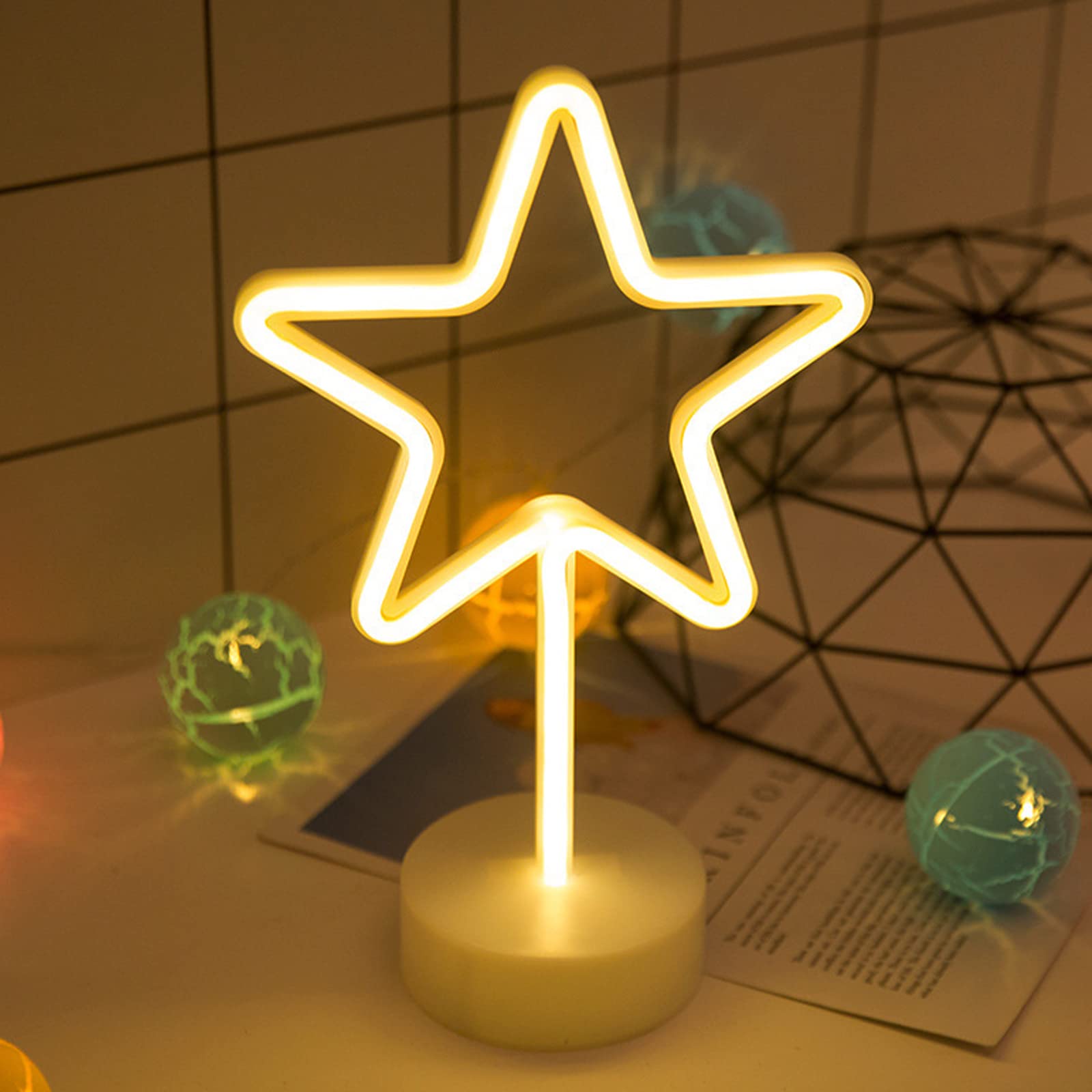 ENUOLI Star Neon Signs, Battery/USB Powered LED Neon Light with Stand, Warm White Star Table Lamp for Room, Bedroom, Office, Birthday Party Decor