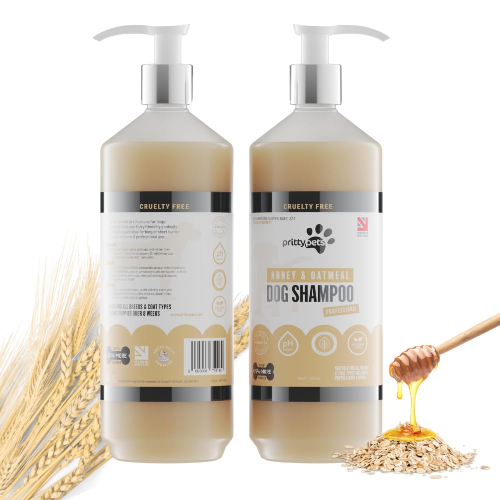 Oatmeal Dog Shampoo PRITTY PETS 1 LITRE Oatmeal Shampoo for Dogs - Professional PH Balanced, Cruelty Free, Silicone & Paraban Free, Puppy Friendly Dog Grooming Shampoo - Made in the UK (1L with Pump)