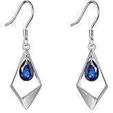 VONALA Valentine's Day Gifts Sterling Silver Dangle Earrings for Women Rhombus Drop Dangle Earrings Sapphire Leverback Hook Earring Jewelry Birthday Gifts