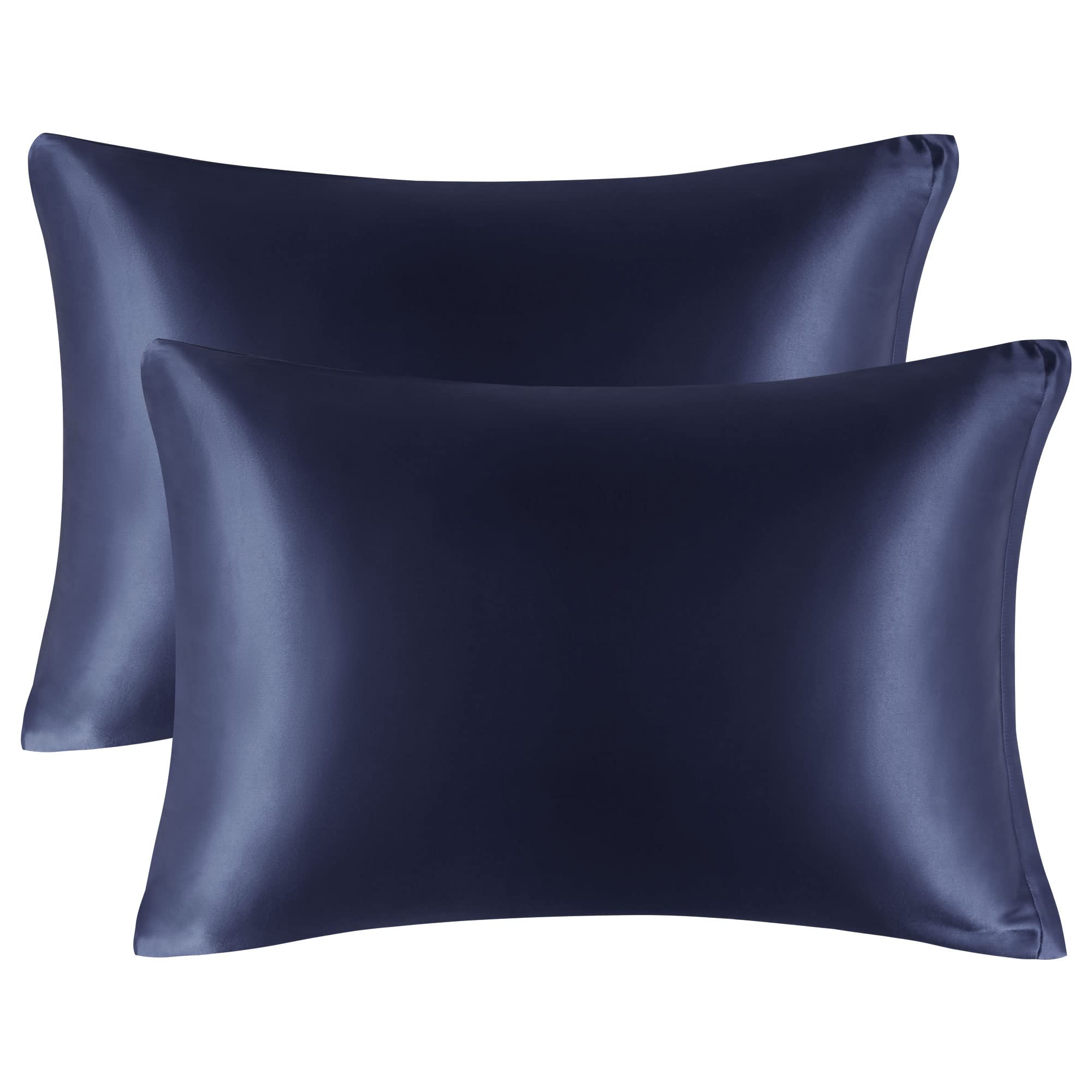 PiccoCasa Satin Pillow Cases 2 Pack, Satin Silk Pillowcase for Hair and Skin with Zipper Closure Soft Pillow Cases Cover Set Navy 50 x 75cm