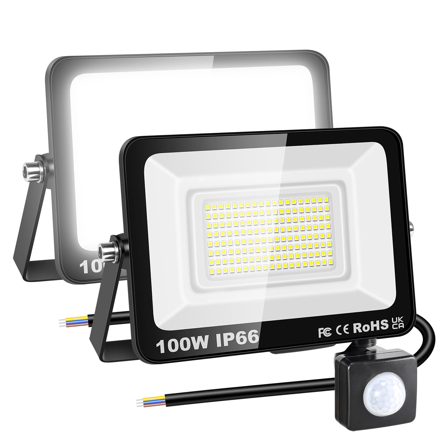 RIGIDON 2 Pcs PIR Motion Sensor Outdoor Floodlight, 100W 10000 Lumens Outside Led Work Light, Daylight Cold White Wall Light for Garden Garage Backyard Patio Lawn House Doorway, IP66 Waterproof 6000K