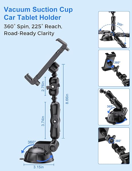 PLDHPRO TABLET CAR MOUNT FOR DASHBOARD & WINDSHIELD, HEAVY DUTY IPAD HOLDER FOR TRUCK, 360° ADJUSTABLE SUCTION CUP STAND FITS 5.1–15.6” TABLETS & PHONES, STABLE FOR GPS & ROAD TRIPS
