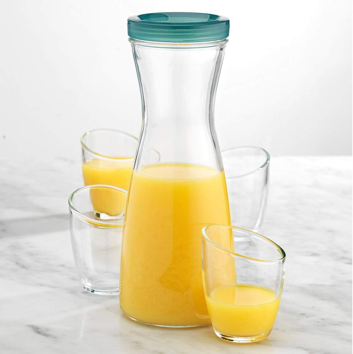 Glass Carafe Pitcher with Stemless Glasses - 7 Piece Includes - 1 Carafe 33.81 oz. (1000 ml.) with Two Lids - 4 Unique Glasses 5 oz. each (147 m.l.) Ideal For Juice, Milk, Punch, Water or Wine.