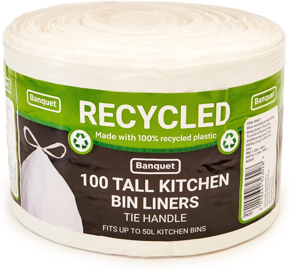 100 Recycled Tie Handle Tall Kitchen Bin Liners (Fits up to 50L Kitchen Bins) by Banquet