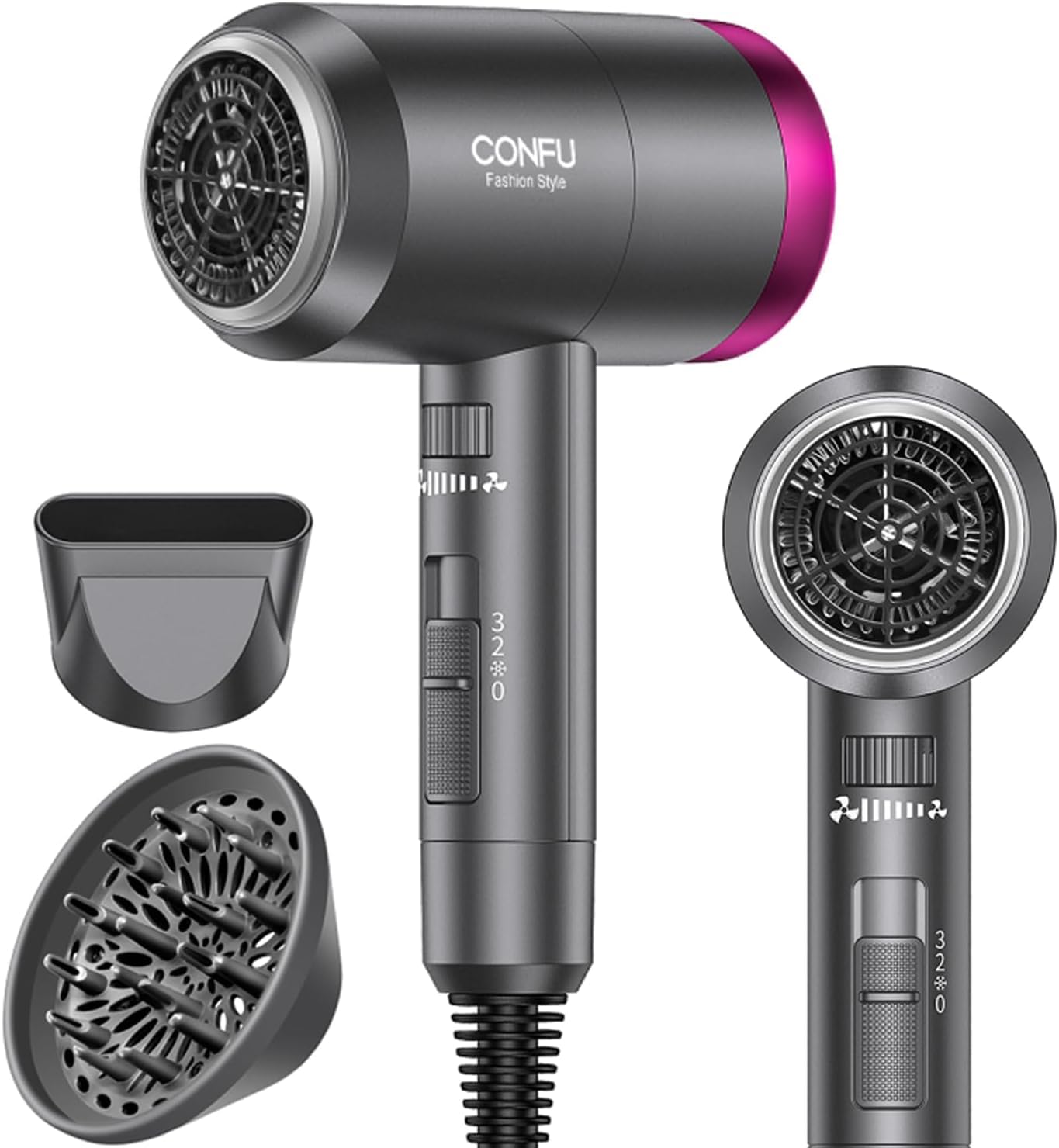 CONFU 1800W HairDryer for Men, Ionic Hair Blow Dryers, Lightweight Hair Dryer with Cool Shot Button & Diffuser & Concentrator for Travel Salon Home Use, Grey