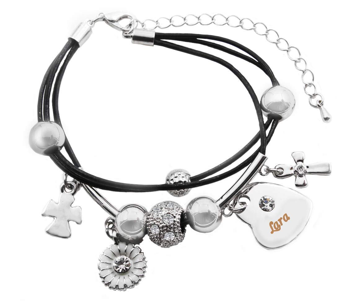 Kigu Lara Name Bracelet - Genuine Leather Multi Strand Bracelet & 18K White Gold Plated Engraved Heart Charm
