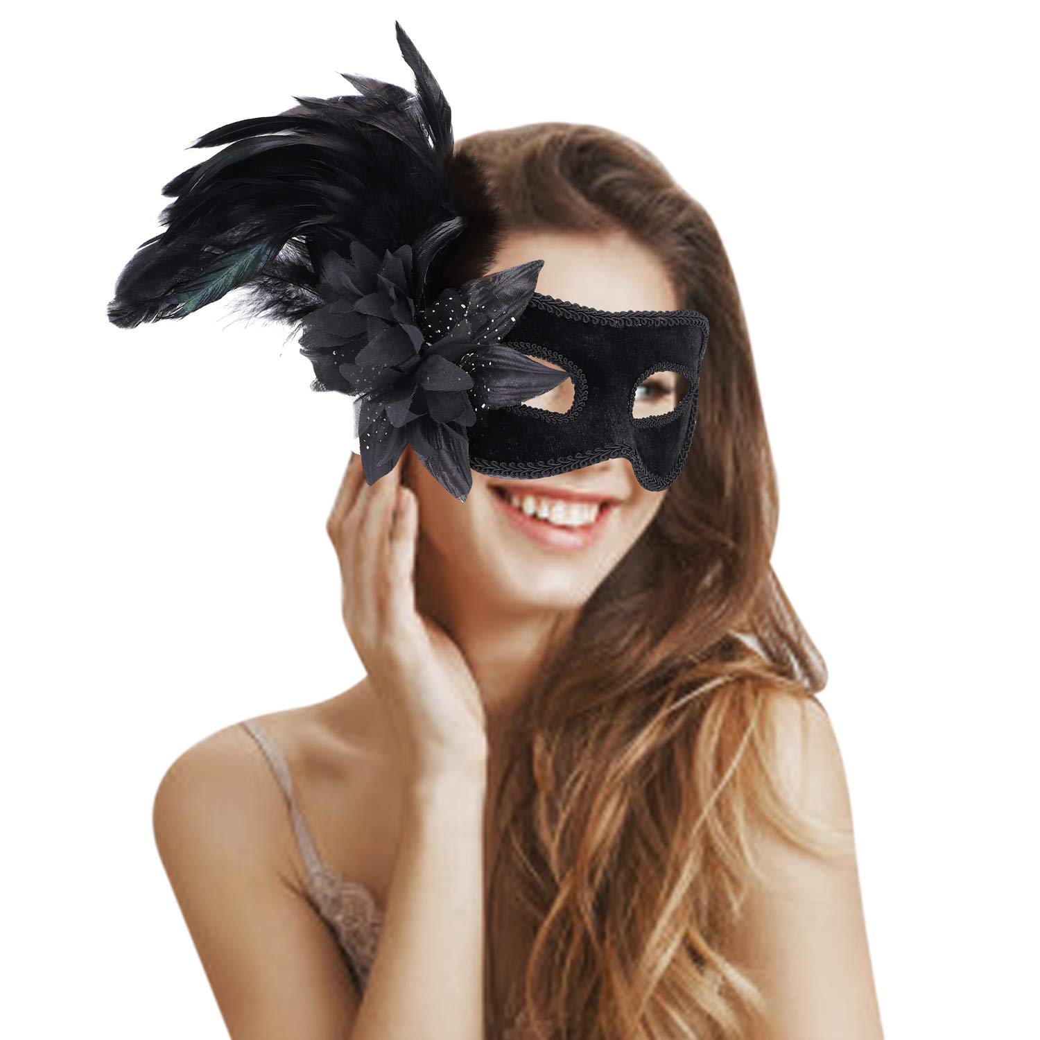 LONTG Women Venetian Mask with Peacock Feather and Flower Halloween Party Cosplay Costume Mardi Gras Mask Carnival Eye Mask for Fancy Dress Halloween Christmas Costume Party