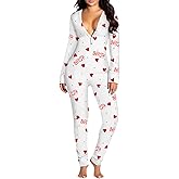 Women Sexy Deep V-Neck Button Bodycon Jumpsuit Letters Hearts Printed Long-Sleeve Valentines Pajama Onesie
