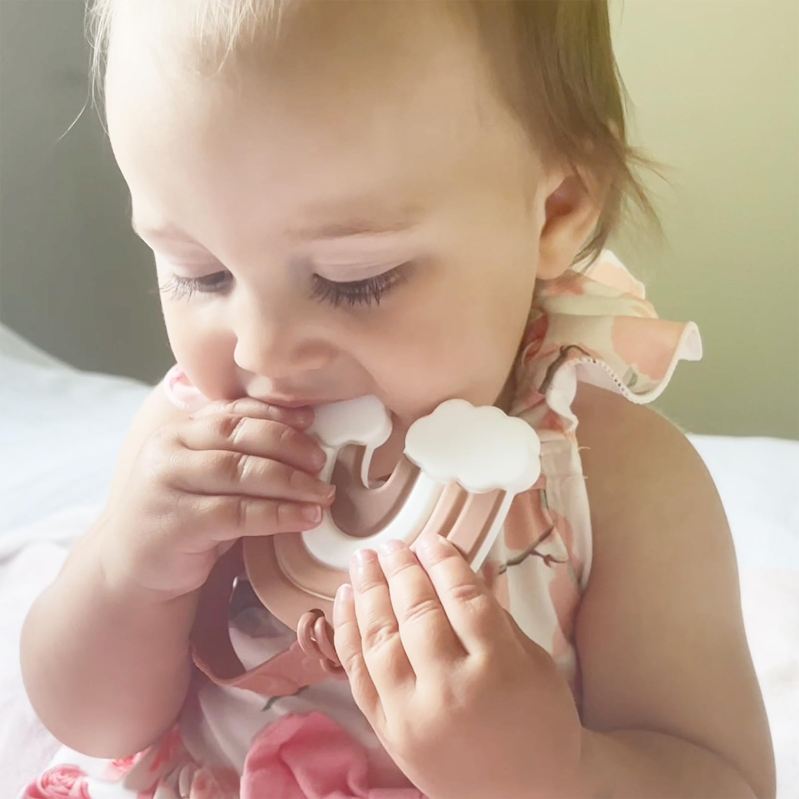 Teething Toys for Babies 0-6 Months Baby Teethers with Clip Silicone Baby Teether Toys for Boys and Girls Infant Teething Toys for Babies Rainbow Shape with Travel Case-Blush