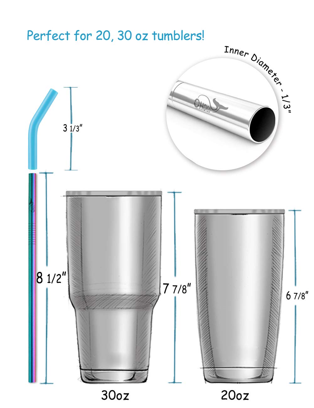 Reusable Stainless Steel Metal Drinking Straws with Flexible Silicone Tips - Extra Long x 8mm Wide for 30oz 20oz Tumblers, Set of 8 with 2 Cleaning Brushes 1 Portable Case, Rainbow