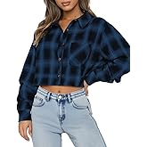 Lacozy Cropped Flannel Shirt for Women Button Down Plaid Cropped Shirt Casual Long Sleeve Crop Blouses Spring Fashion