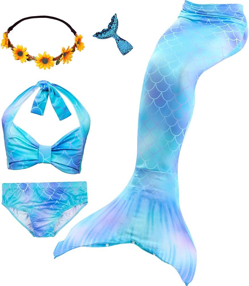 Mskseciy Girls Swimsuit 3Pcs Mermaid Tails for Swimming Costume Party Supplies Swimsuit Swimwear Bikini for 3-12Y
