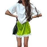 Bocymolay Women Satin Silk Mini Skirts Lace Trim Silky Slip Skirt Elastic Waist Shirt Extender Layered Underskirts