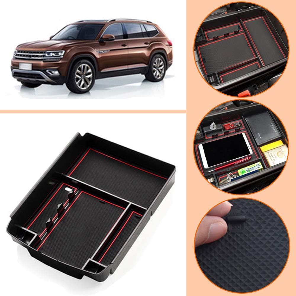 Longzhimei for Volkswagen Teramont 2017 Console Storage Tray ABS Material and PVC Latex Non-slip Mat Car Central Armrest Storage Box Tidying Organizer
