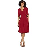 Donna Morgan Womens Stretch Crepe Elbow Sleeve V-Neck Fit and Flare Midi Dress