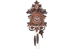 River City Clocks 14" one Day Mechanical Hand-Carved Cuckoo Intricate Leaves and Vines Wall Clock, Brown