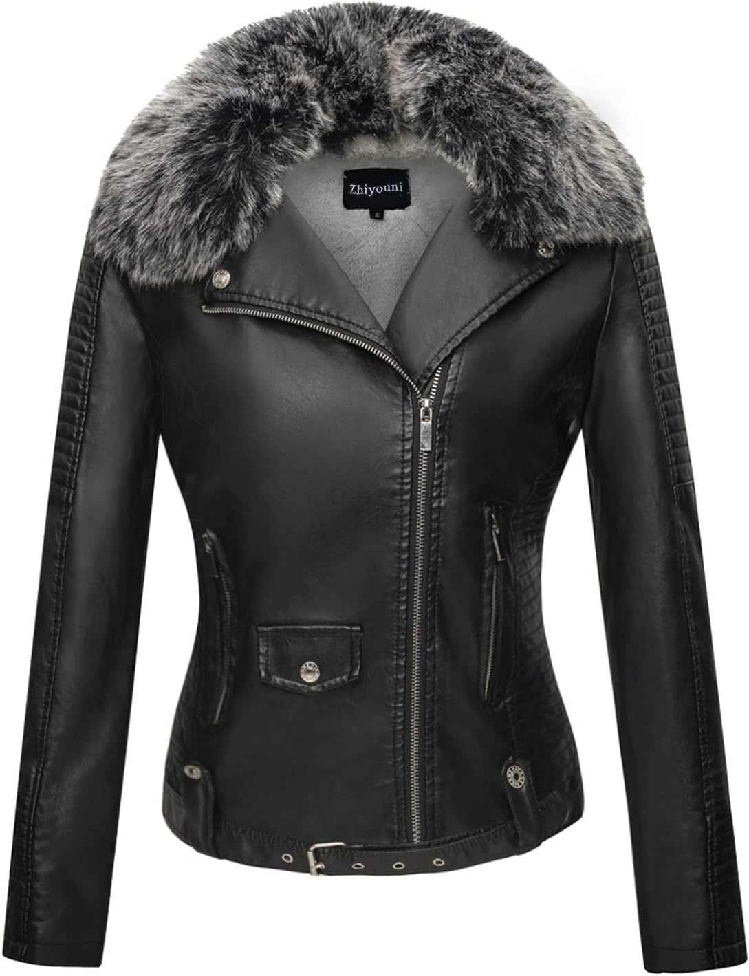 Zhiyouni Women's Faux Fur Collar Fleece Lined Warm Quilted Moto PU Leather Jacket