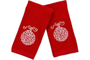 Serafina Home Christmas Fingertip Bath Towel, Embroidered Decorative White Ornamaent on Red, 2 pc Set, 12 x 18, Festive Bathroom Decor