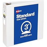 Avery Standard View 3 Ring Binder, 3" Round Rings, 460-Sheet Capacity, 3.5 Inch Wide Spine, 1 White Binder, Ideal for Lightweight Organization and Occasional Referencing (05741)