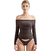 SUUKSESS Women Double Line Mesh Padded Tops Off The Shoulder Long Sleeve Shirts